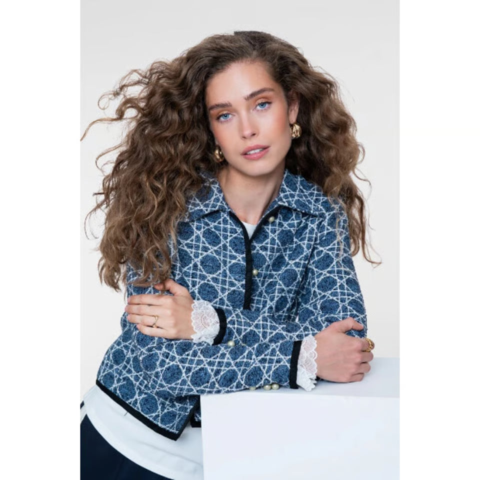 Geisha Women's Casual Tweed-Style Jacquard Jacket - Indigo Navy