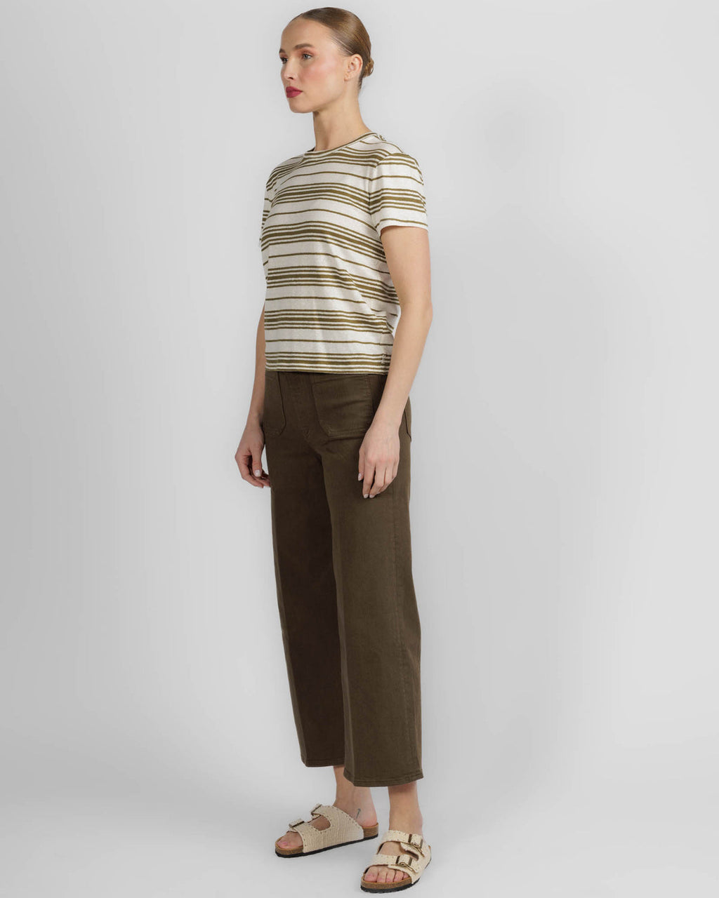 Frame The Linen Striped Baby Tee Military Multi
