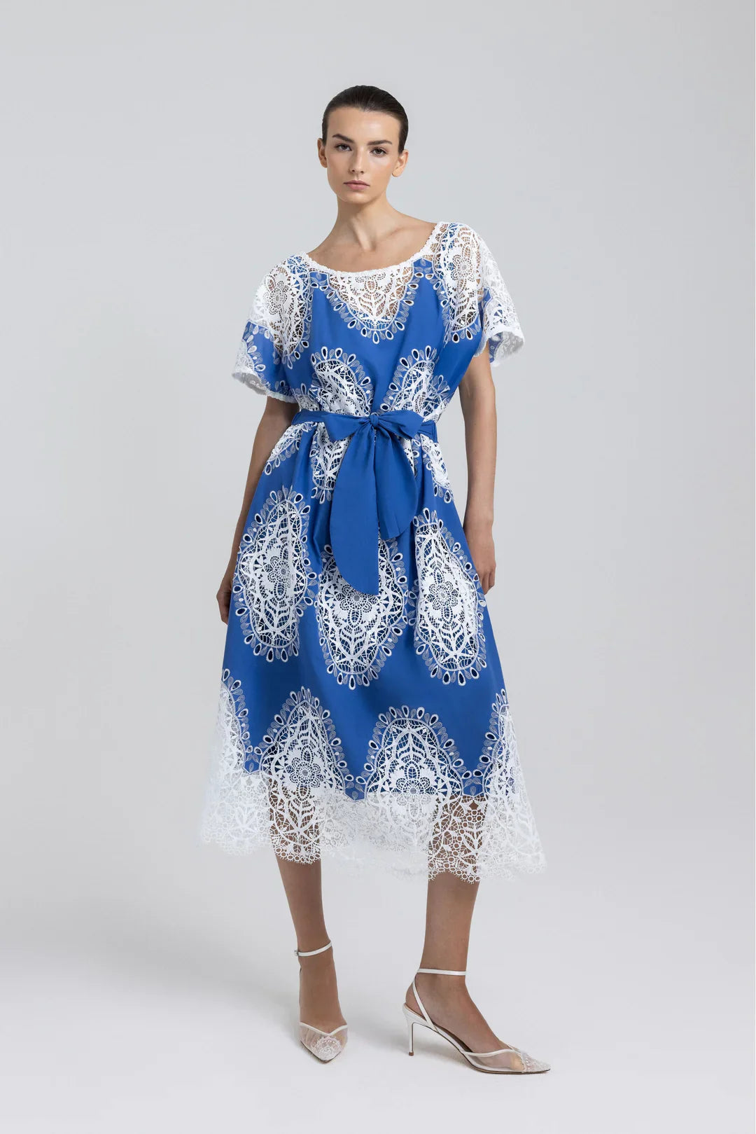 Nadya Toto Santa Italian Lace Embroidered Dress Blue
