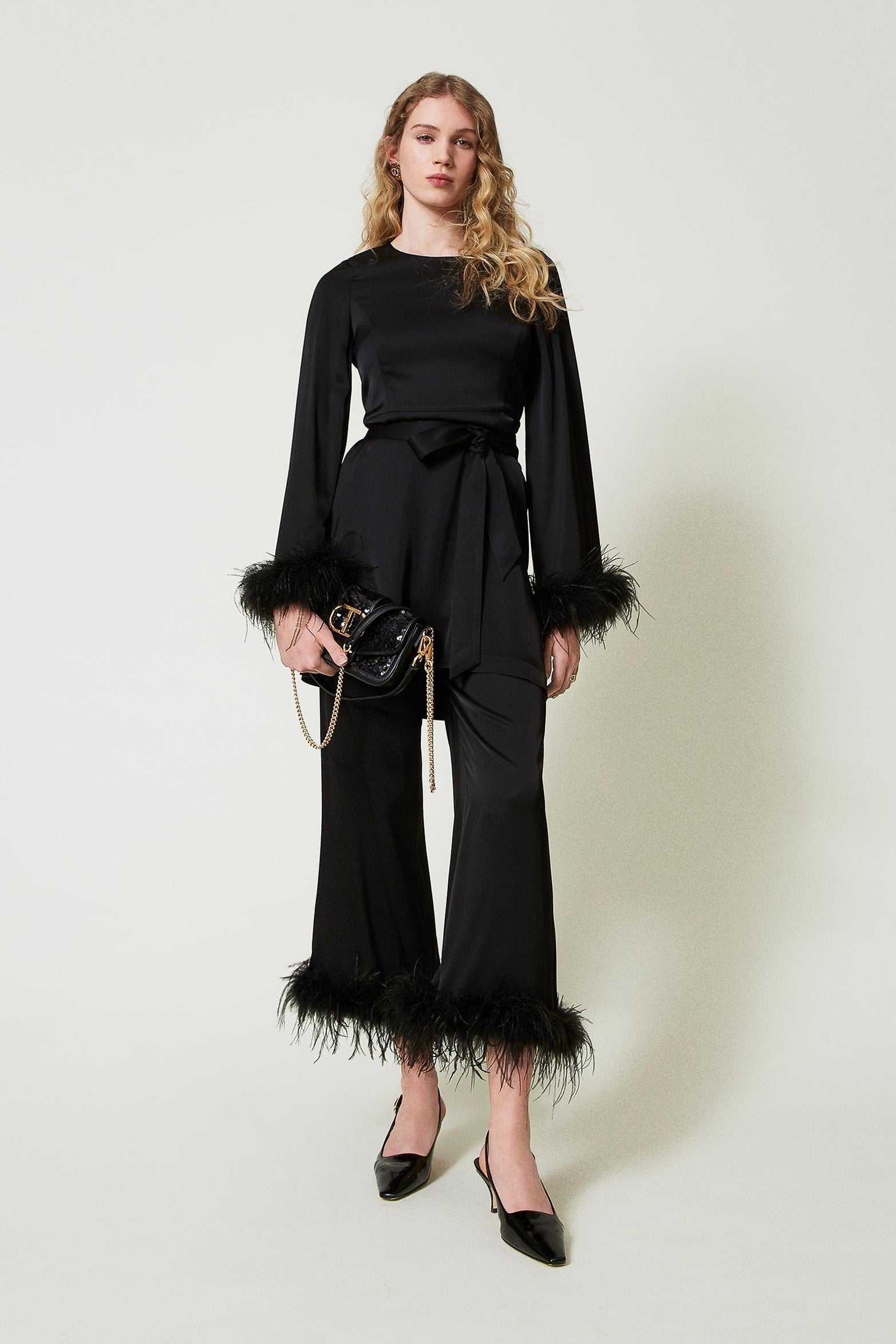 Pantalons en satin Twinset avec plumes