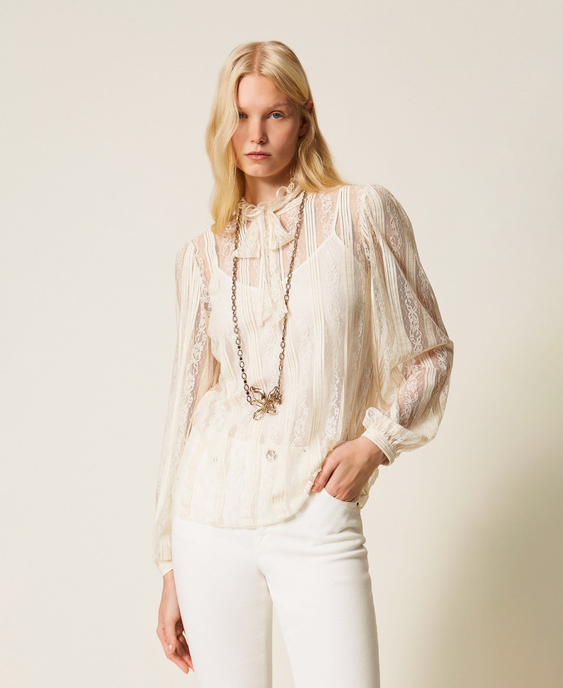 Twinset Striped Lace Blouse With Bow
