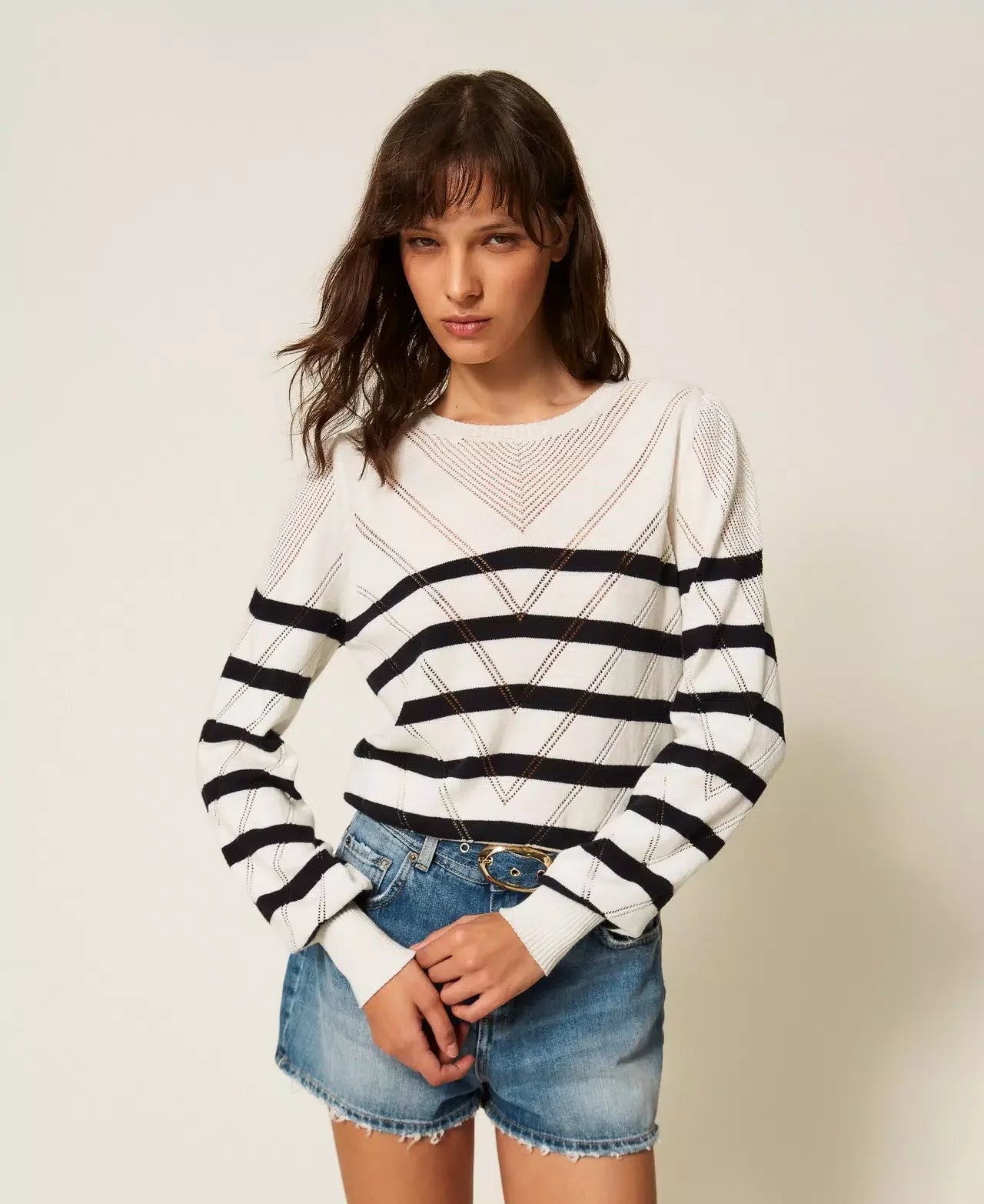 Twinset Striped Cotton And Cashmere Crew Neck Jumper - Snow White/Blue Night Stripes