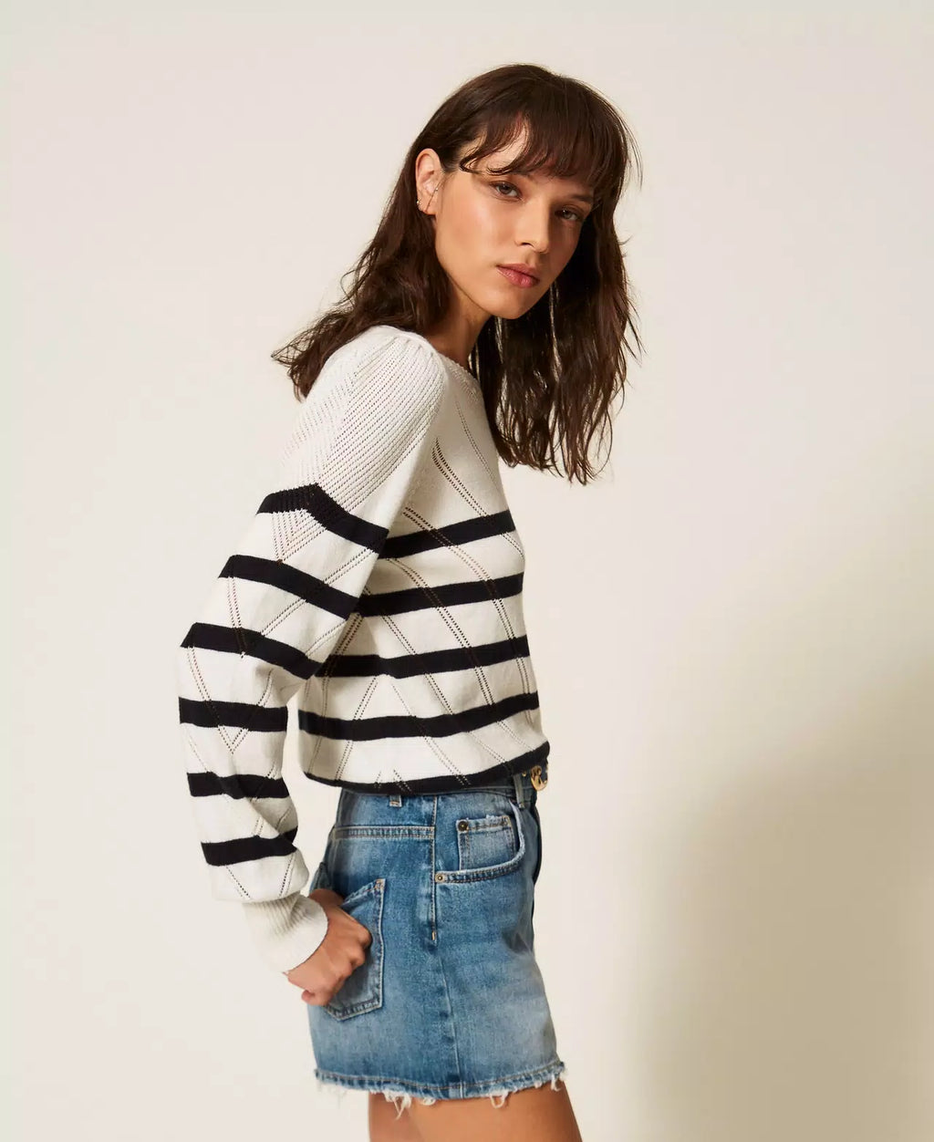 Twinset Striped Cotton And Cashmere Crew Neck Jumper - Snow White/Blue Night Stripes