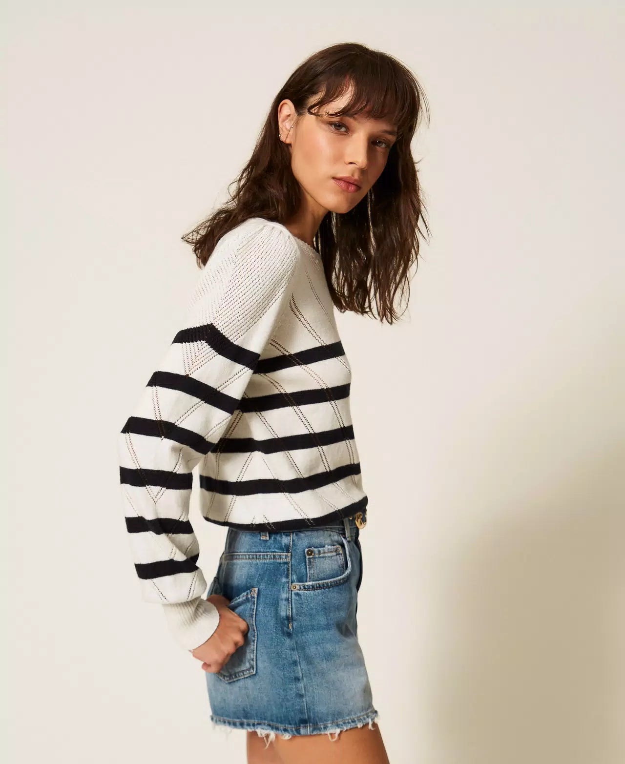 Twinset Striped Cotton And Cashmere Crew Neck Jumper - Snow White/Blue Night Stripes