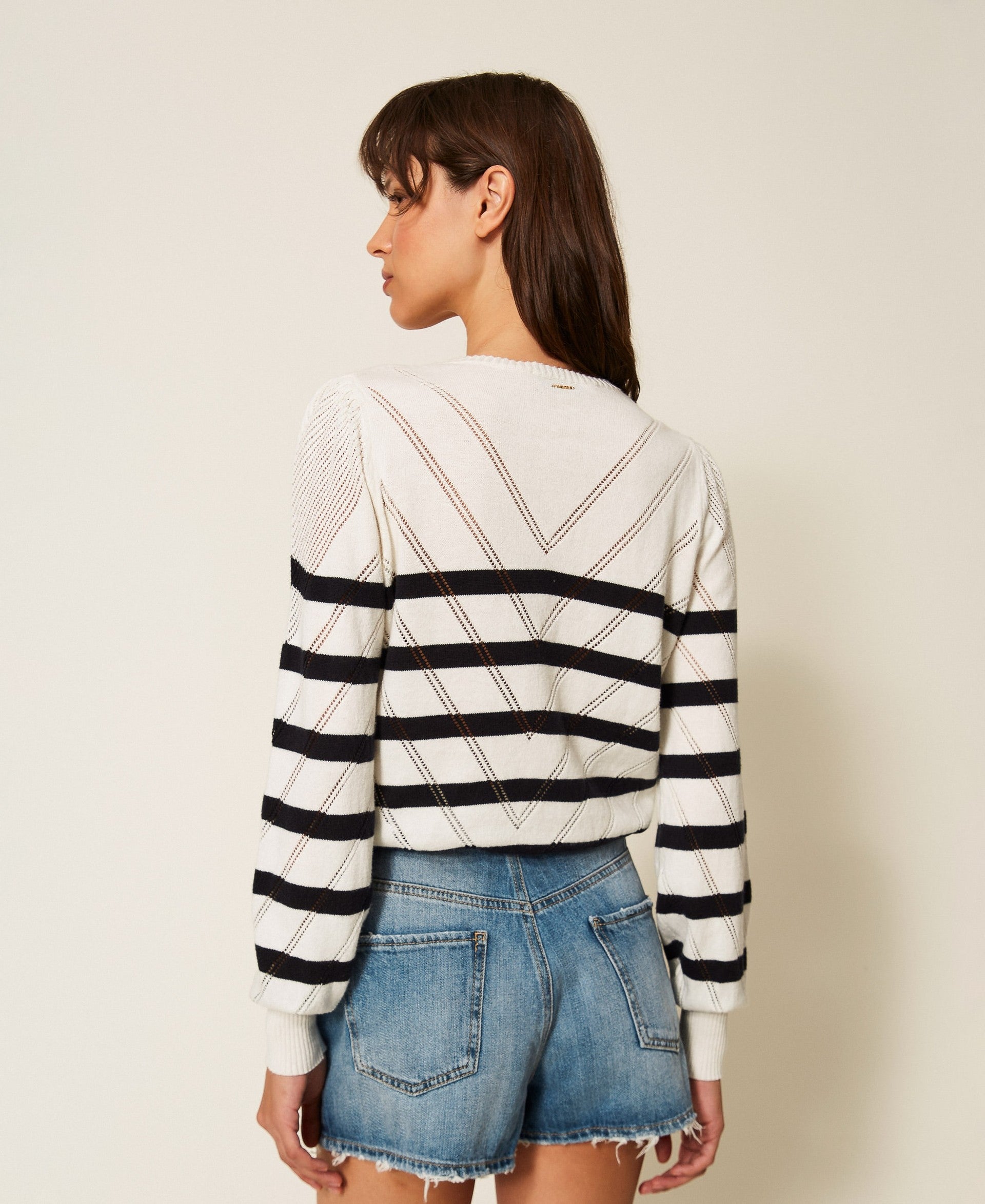 Twinset Striped Cotton And Cashmere Crew Neck Jumper - Snow White/Blue Night Stripes