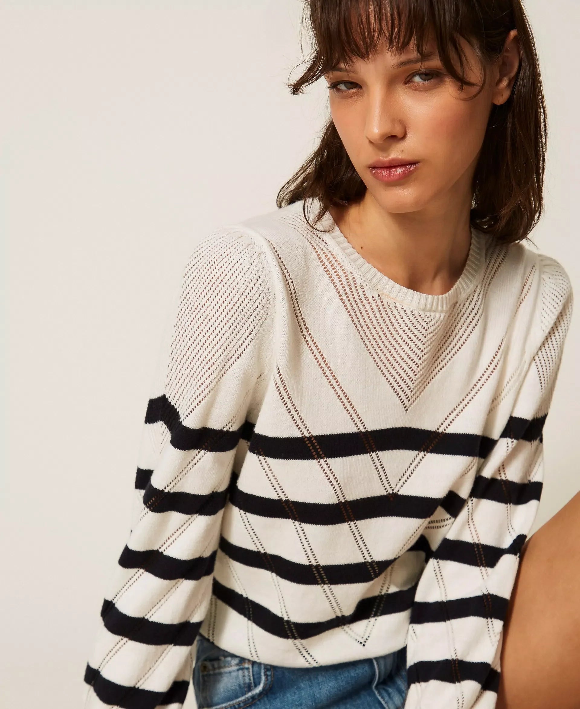 Twinset Striped Cotton And Cashmere Crew Neck Jumper - Snow White/Blue Night Stripes
