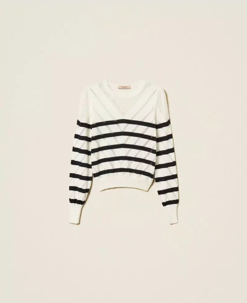 Twinset Striped Cotton And Cashmere Crew Neck Jumper - Snow White/Blue Night Stripes