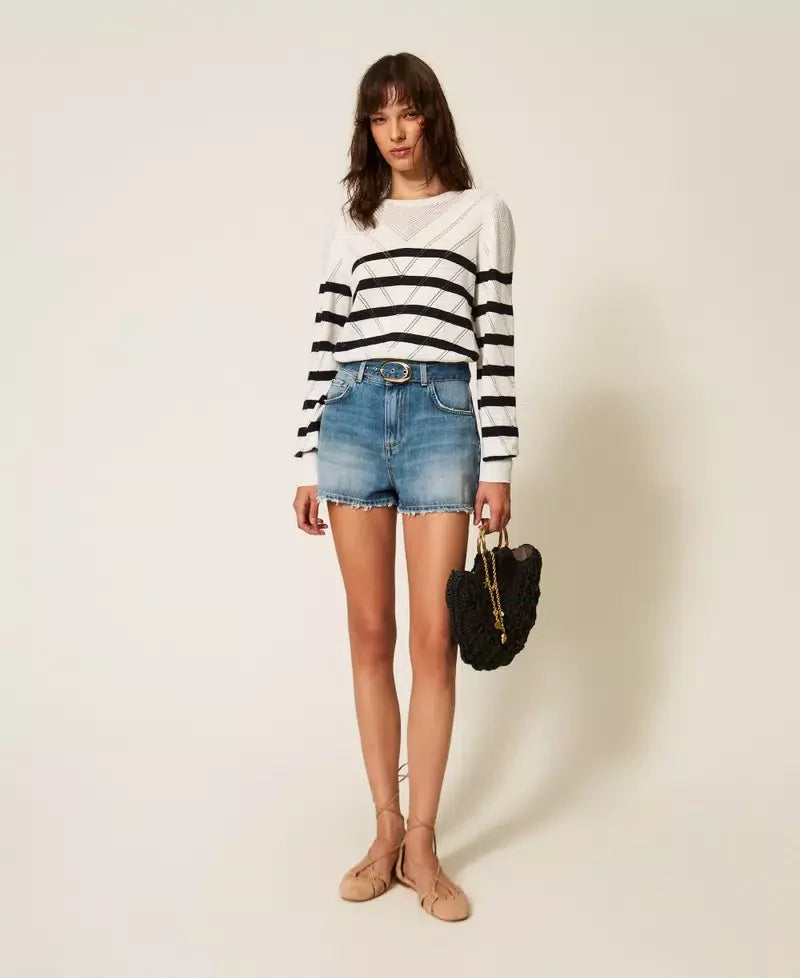 Twinset Striped Cotton And Cashmere Crew Neck Jumper - Snow White/Blue Night Stripes