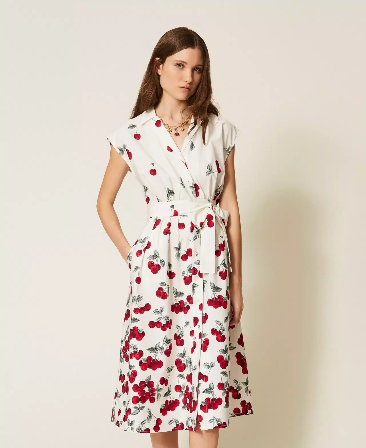 Twinset Poplin Midi Dress With Cherry Print