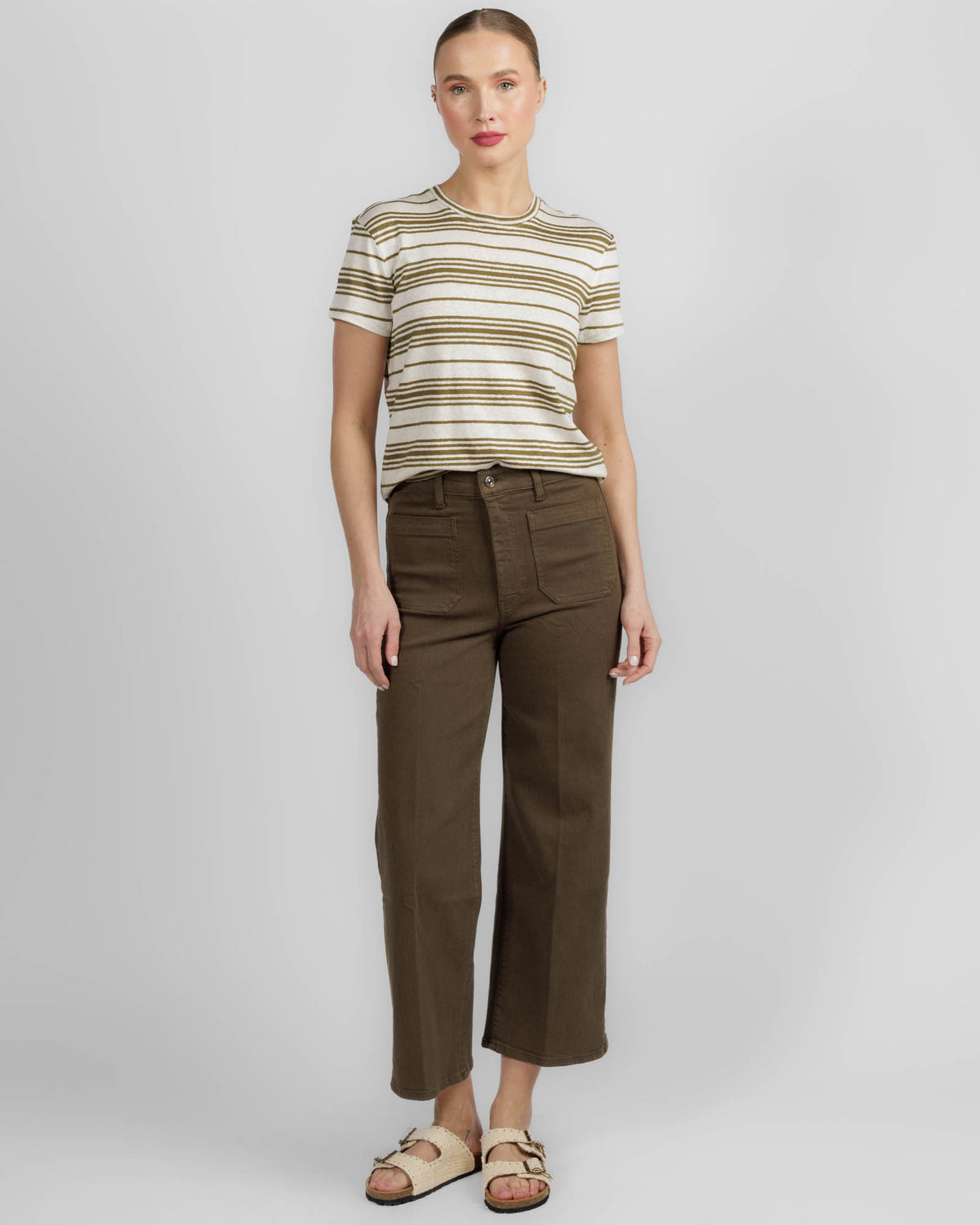 Frame The Linen Striped Baby Tee Military Multi