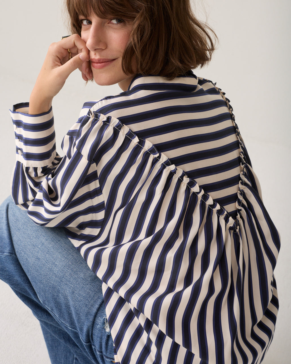 Summum Blouse Stripe satin MIDNIGHT BLUE