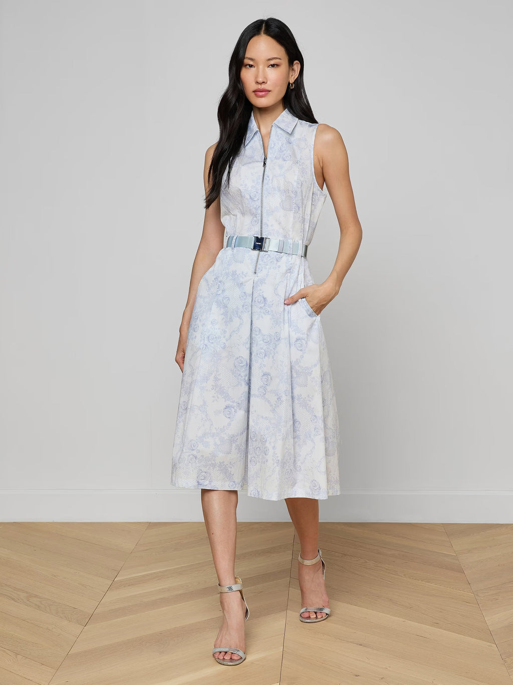 L'Agence Kylo Belted Shirt Dress Ivory/Pale Mist with Blue Lace Print