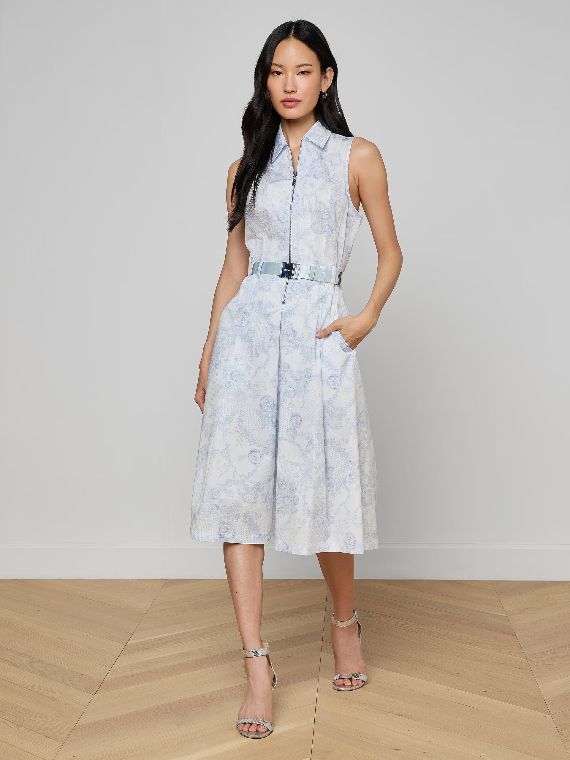 L'Agence Kylo Belted Shirt Dress Ivory/Pale Mist with Blue Lace Print