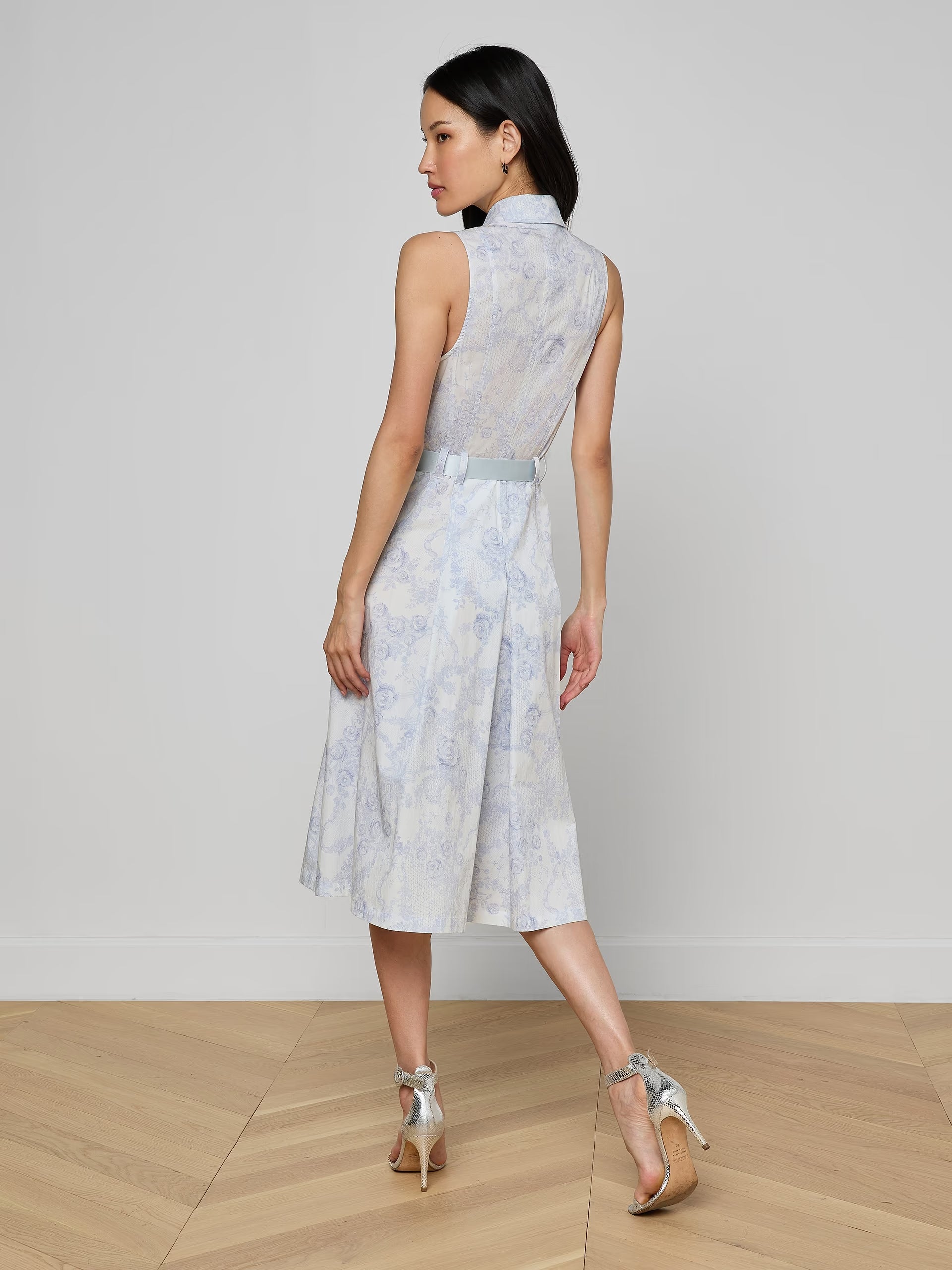L'Agence Kylo Belted Shirt Dress Ivory/Pale Mist with Blue Lace Print