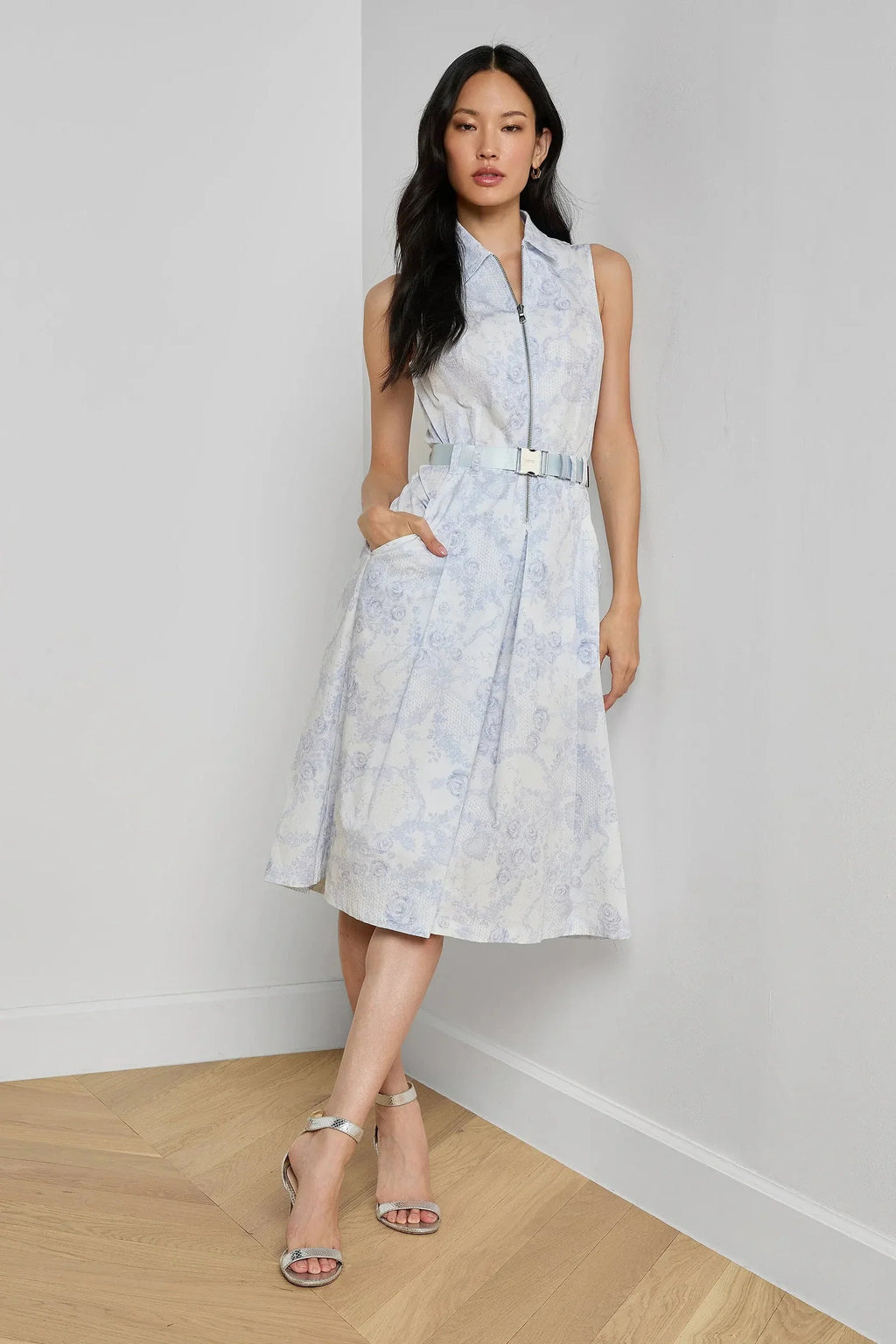 L'Agence Kylo Belted Shirt Dress Ivory/Pale Mist with Blue Lace Print