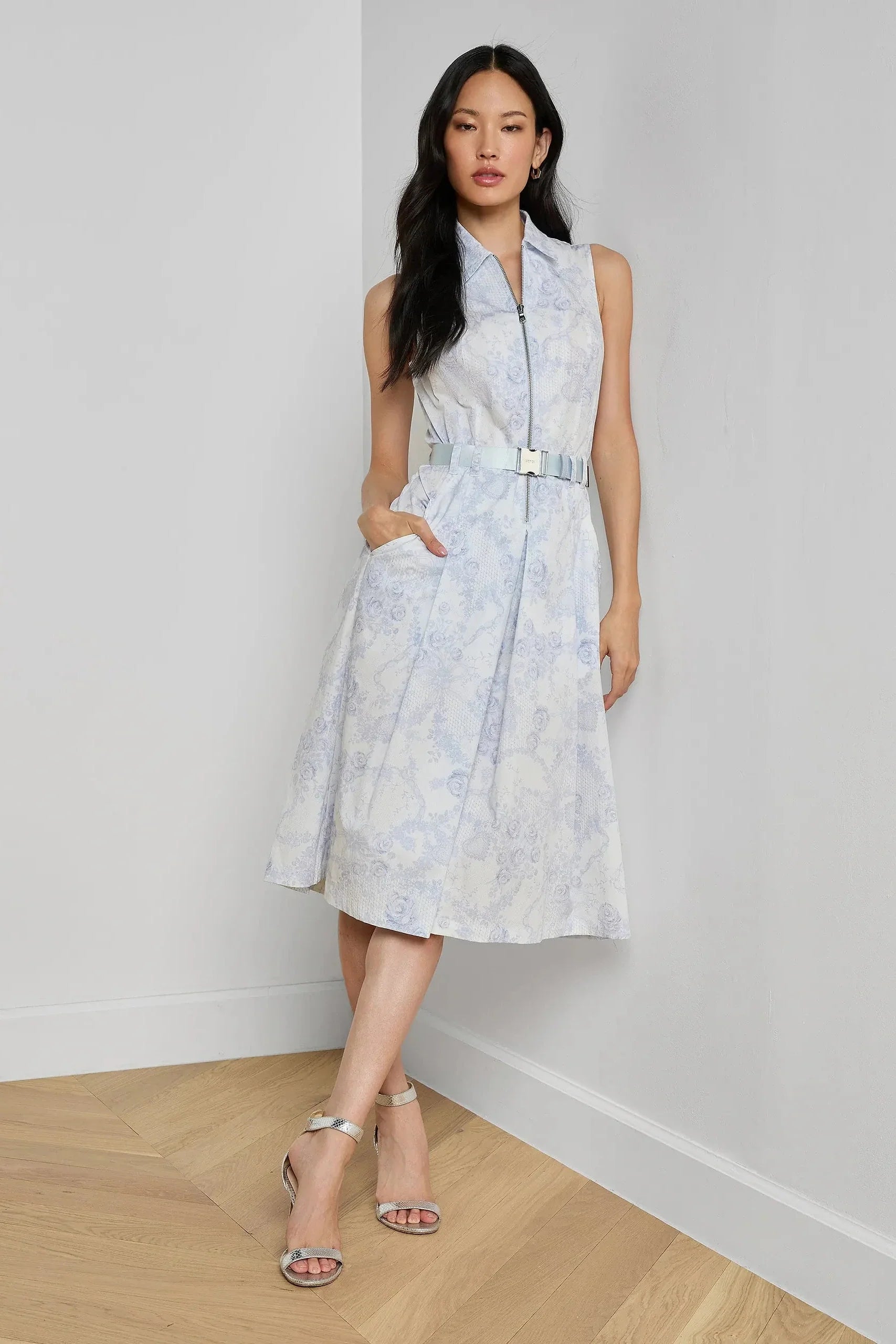 L'Agence Kylo Belted Shirt Dress Ivory/Pale Mist with Blue Lace Print