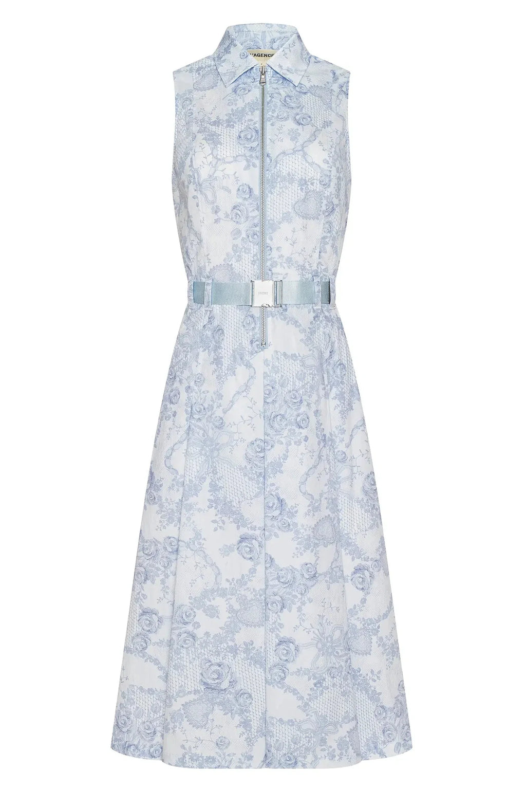 L'Agence Kylo Belted Shirt Dress Ivory/Pale Mist with Blue Lace Print