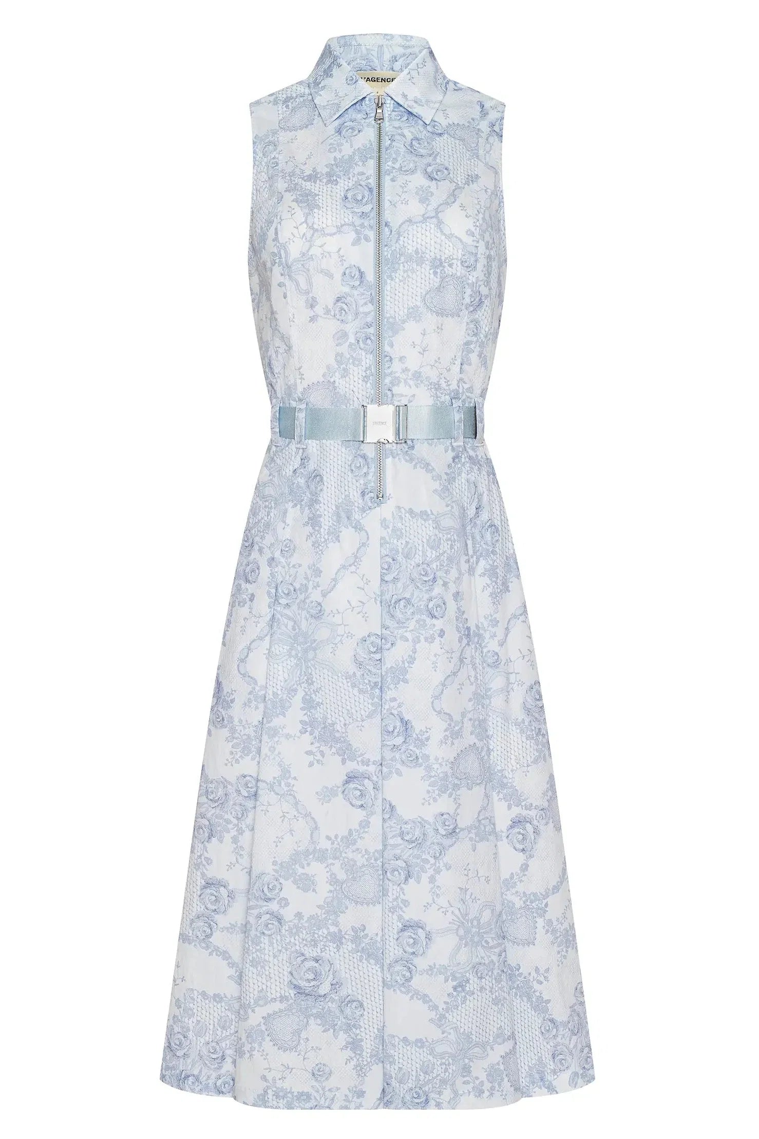 L'Agence Kylo Belted Shirt Dress Ivory/Pale Mist with Blue Lace Print