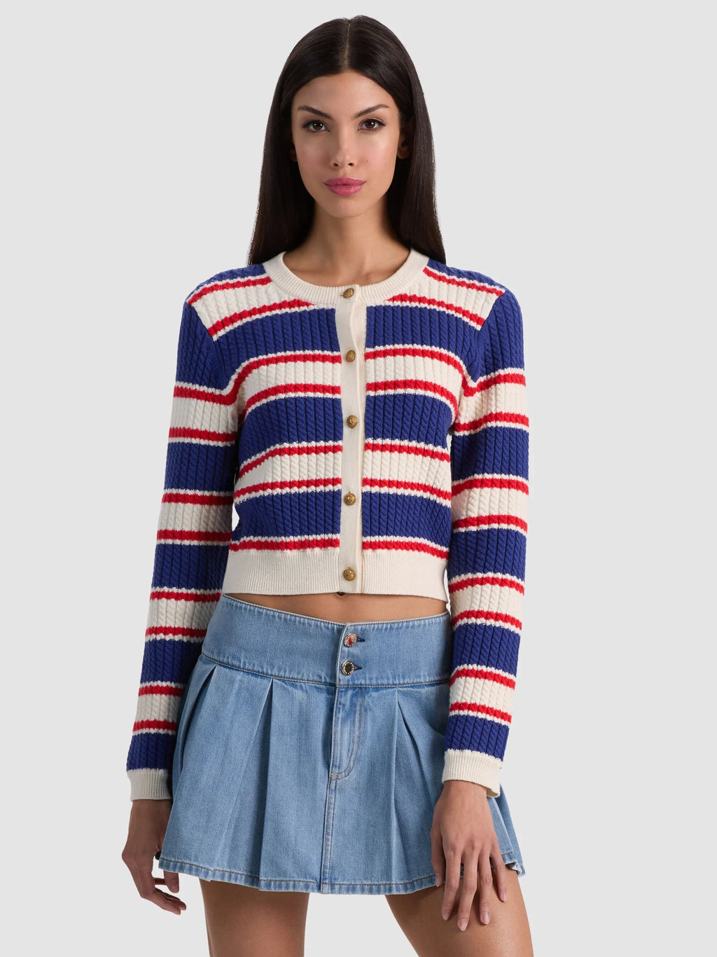 Alice & Olivia Dollie Striped Cable Cardigan Americana Stripe