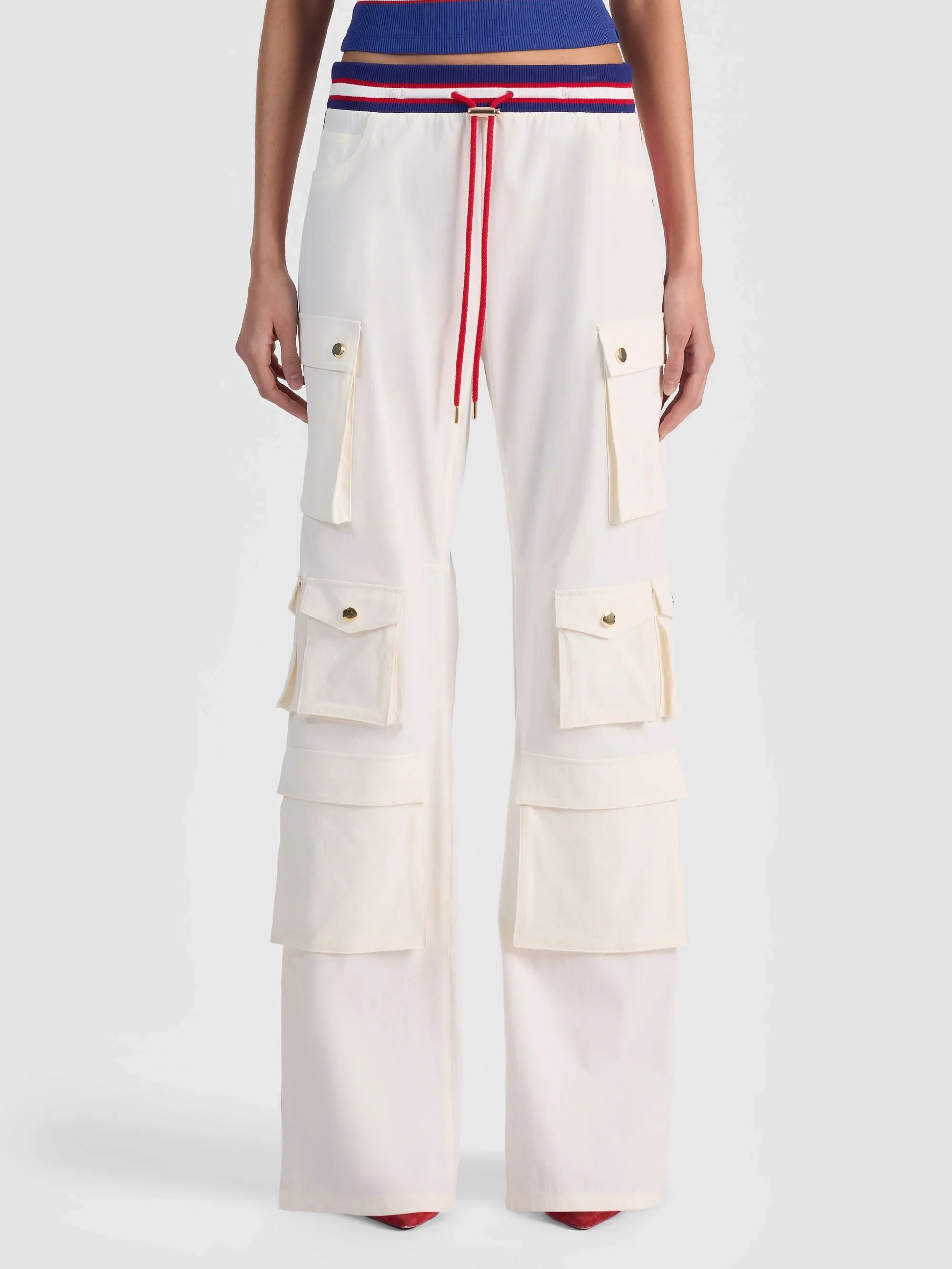 Alice & Olivia Olympua MR Baggy Pull On Cargo Pant W Side Stripe Off White