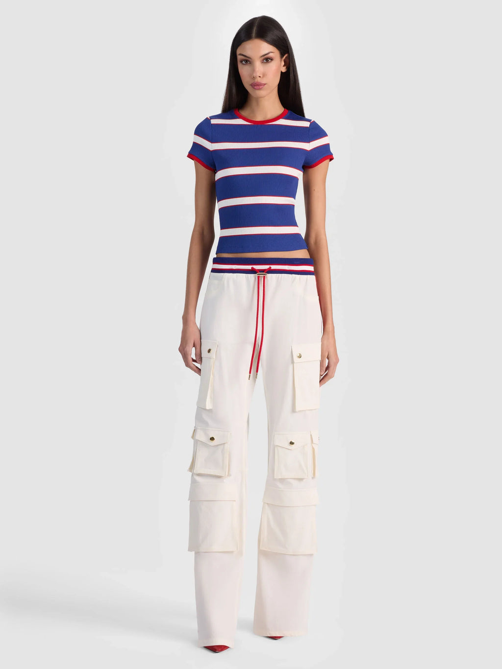 Alice & Olivia Olympua MR Baggy Pull On Cargo Pant W Side Stripe Off White