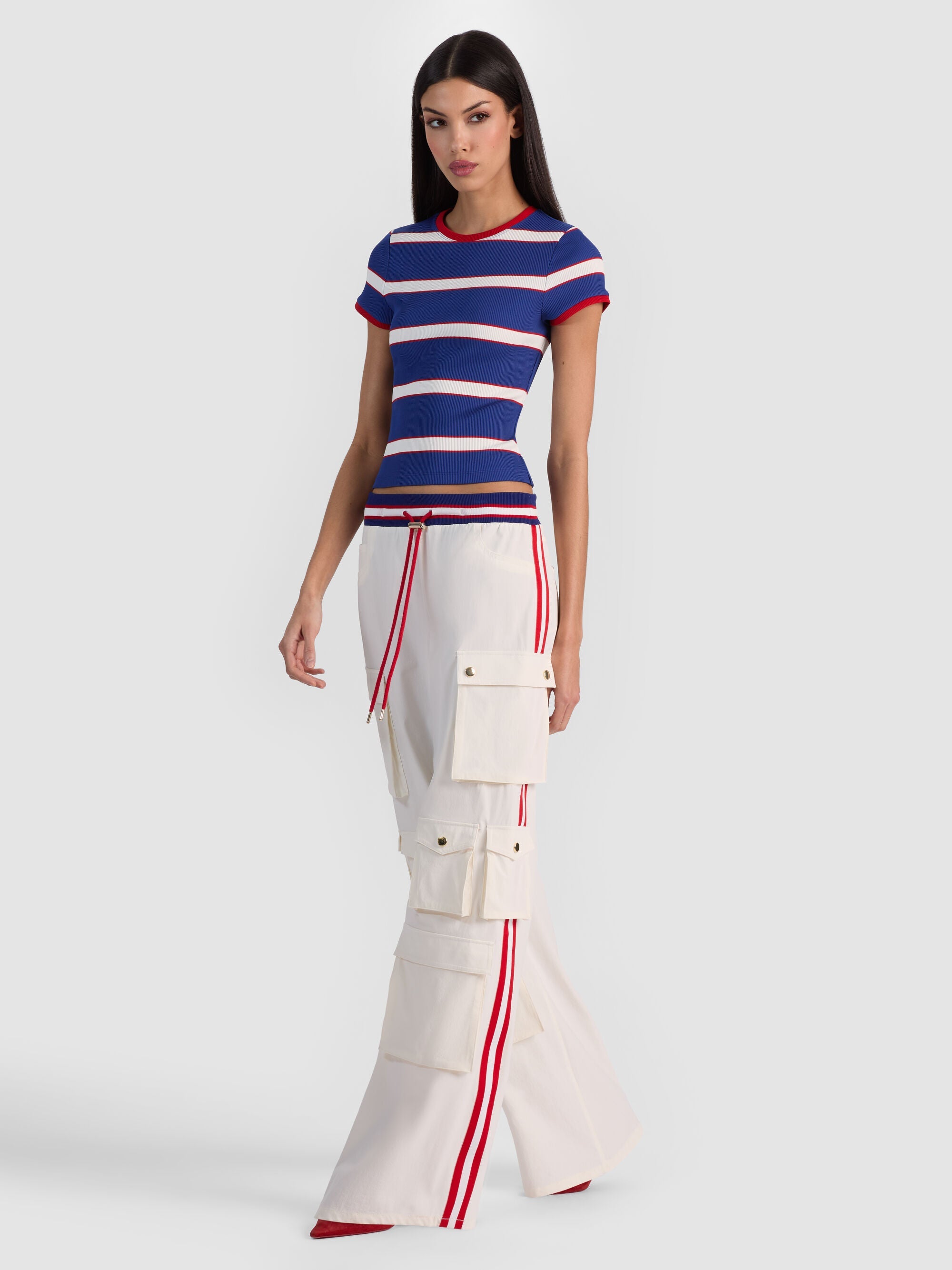 Alice & Olivia Olympua MR Baggy Pull On Cargo Pant W Side Stripe Off White