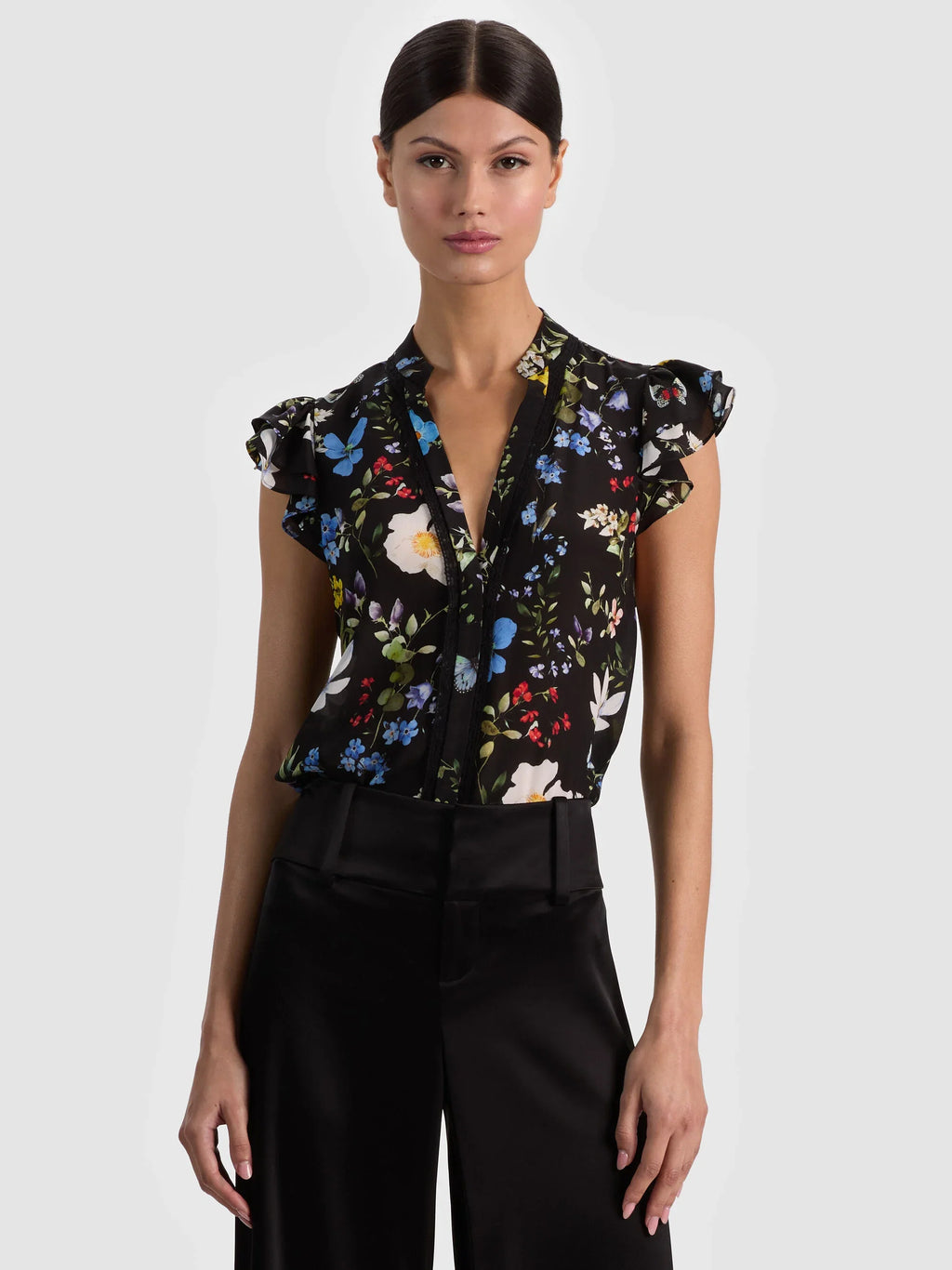 Alice & Olivia Arlette Flutter Sleeve Silk Blouse Twisting Vines Black