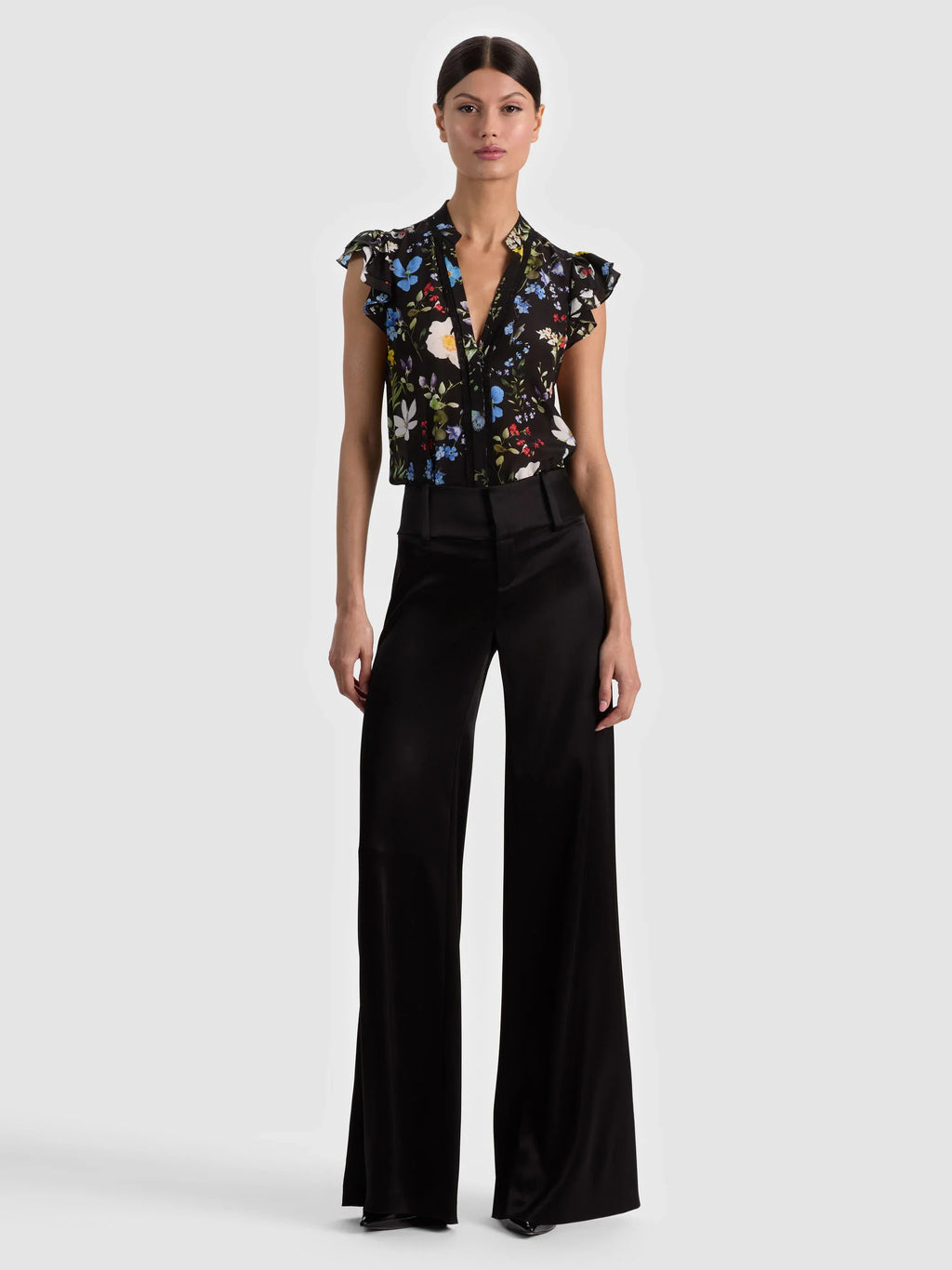 Alice & Olivia Arlette Flutter Sleeve Silk Blouse Twisting Vines Black