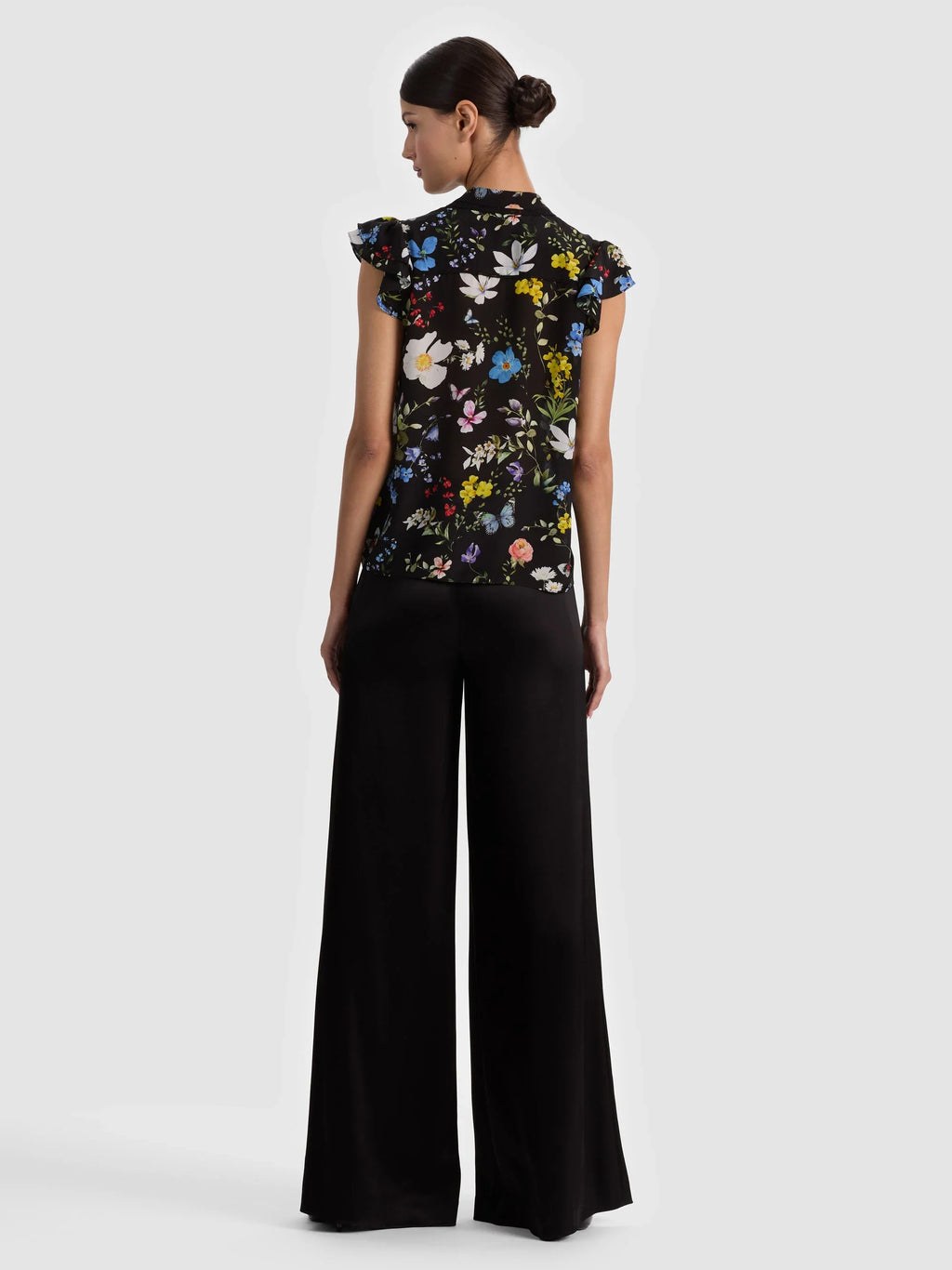 Alice & Olivia Arlette Flutter Sleeve Silk Blouse Twisting Vines Black