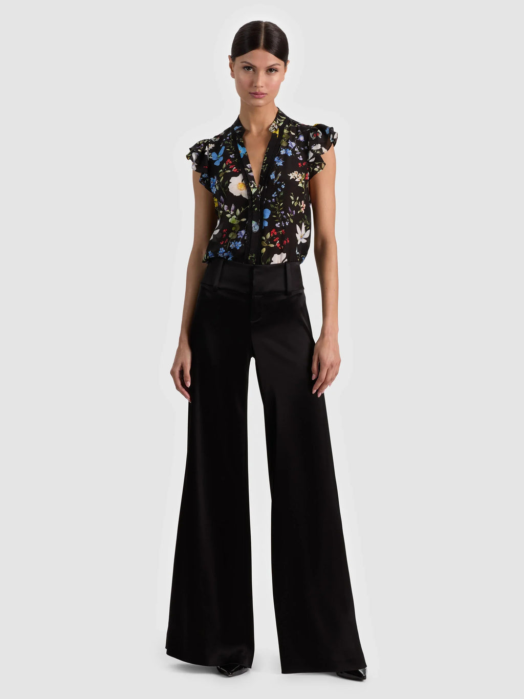 Alice & Olivia Arlette Flutter Sleeve Silk Blouse Twisting Vines Black