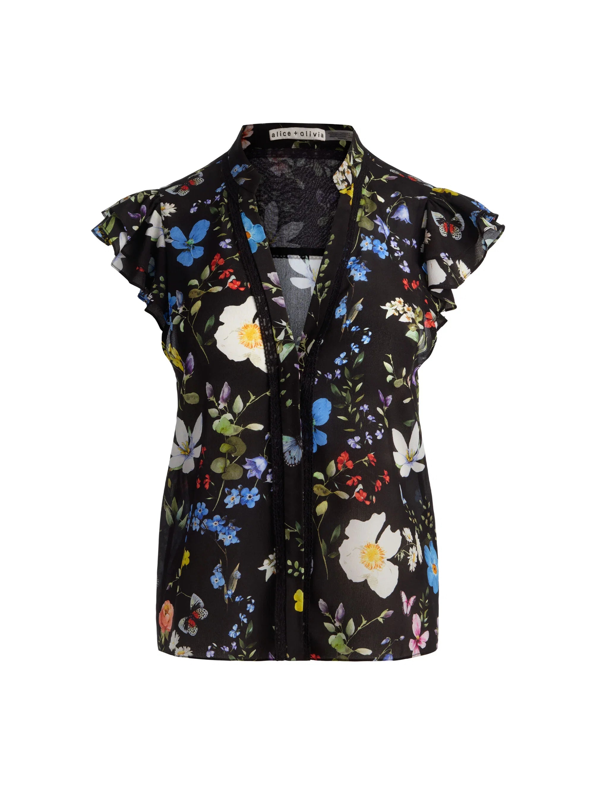 Alice & Olivia Arlette Flutter Sleeve Silk Blouse Twisting Vines Black