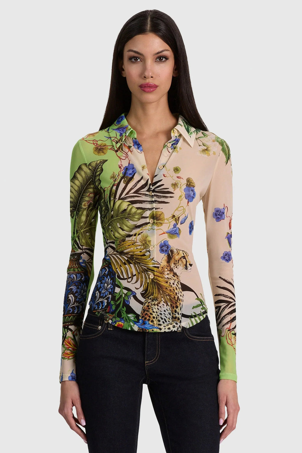 Alice + Olivia Jade Mesh Button-Down Riviera Citrus