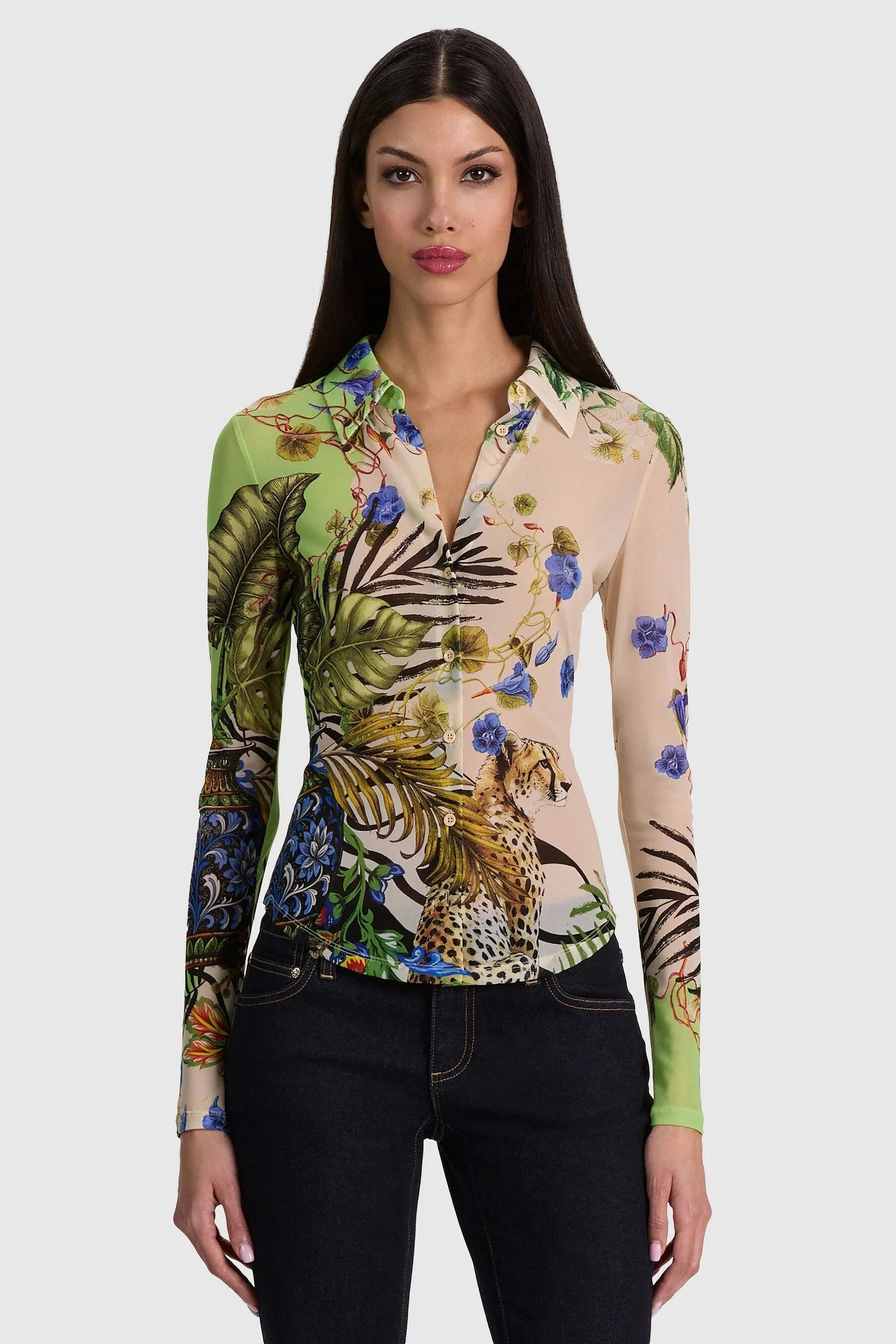 Alice + Olivia Jade Mesh Button-Down Riviera Citrus