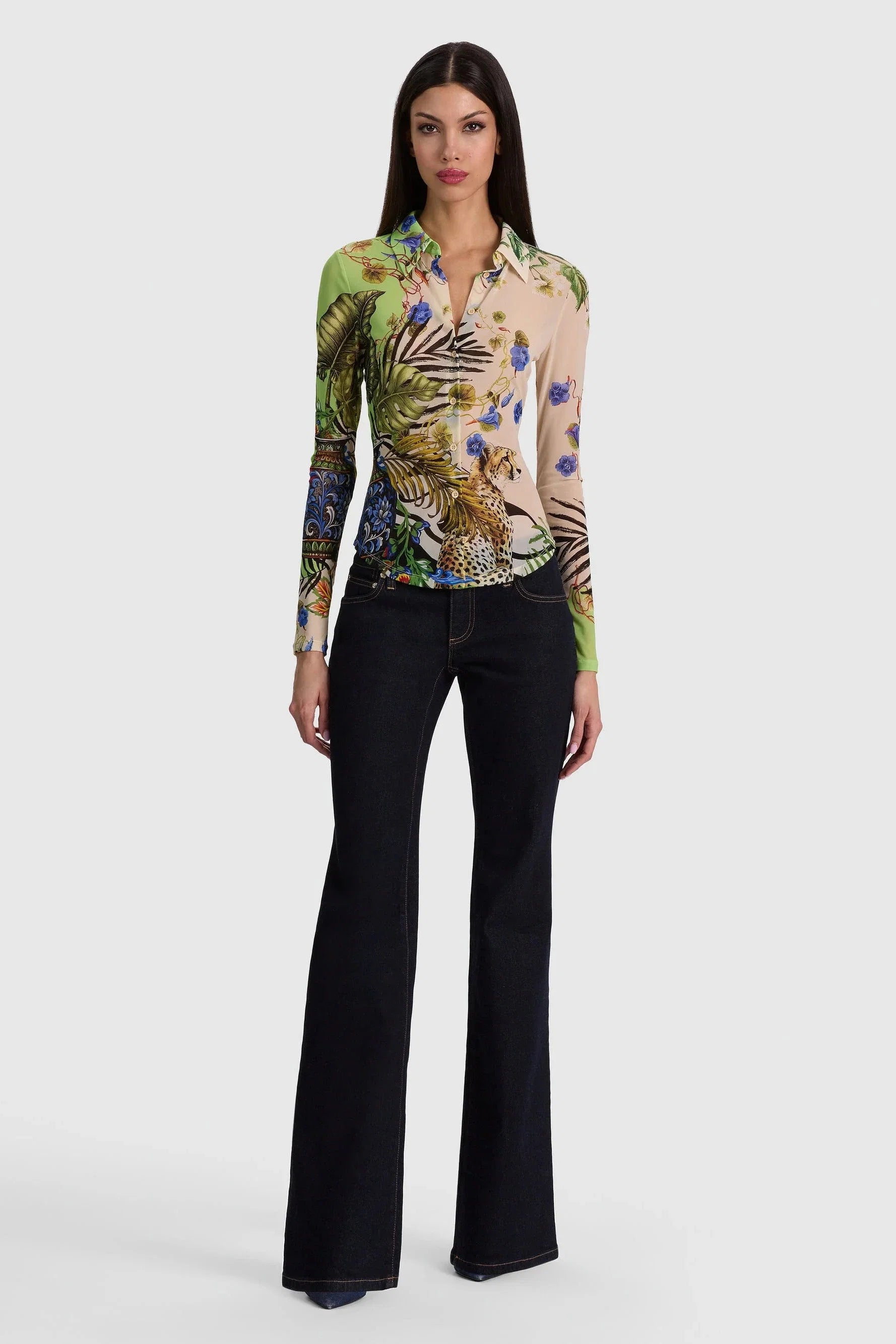 Alice + Olivia Jade Mesh Button-Down Riviera Citrus