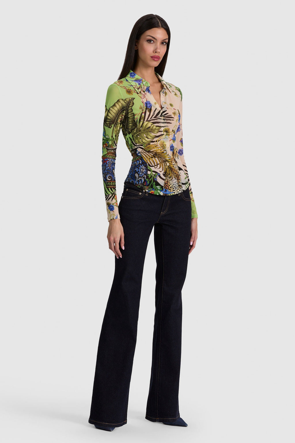 Alice + Olivia Jade Mesh Button-Down Riviera Citrus