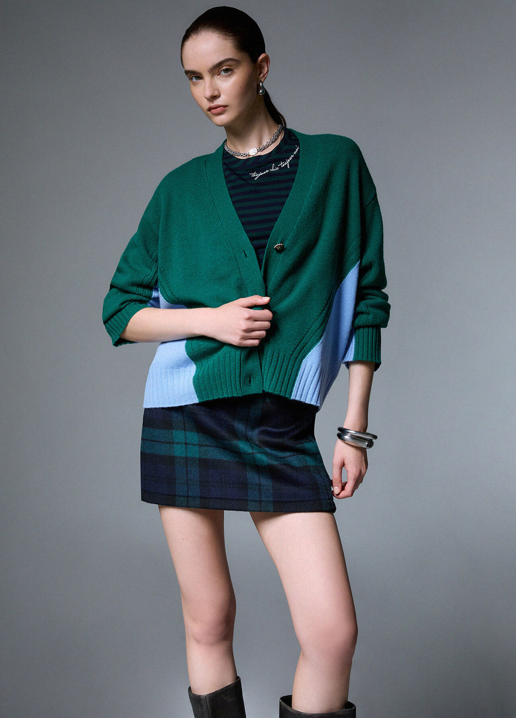 Liu Jo White Color-Block Wool Cardigan - Green Dusk