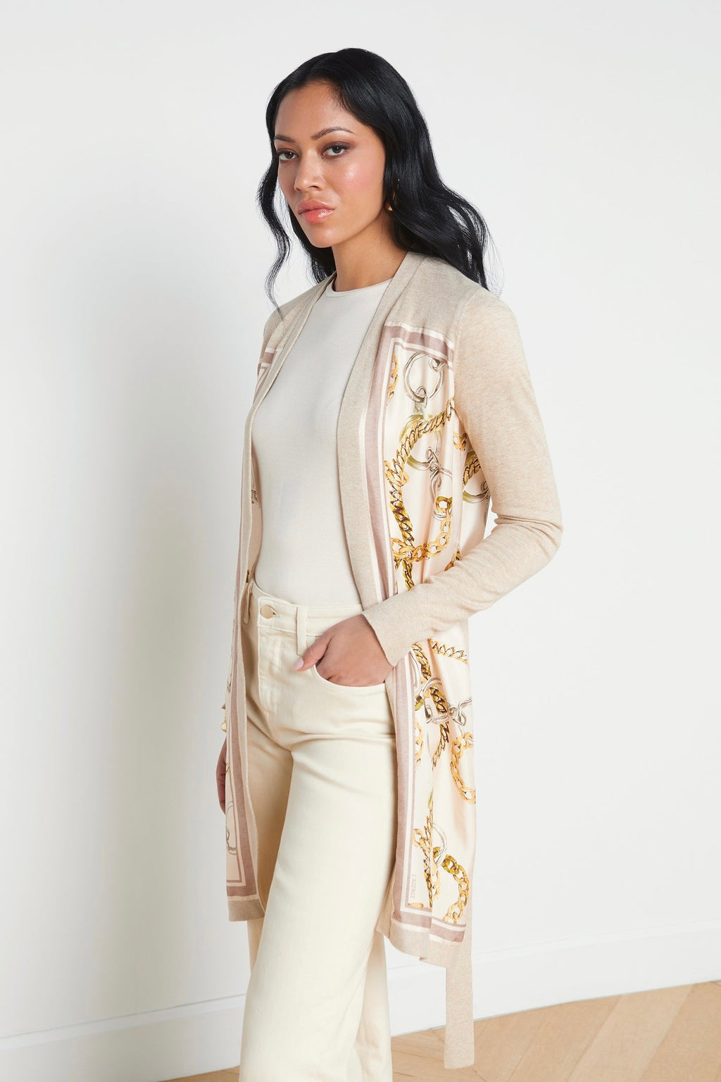 L'Agence Beverly Silk Panel Cardigan