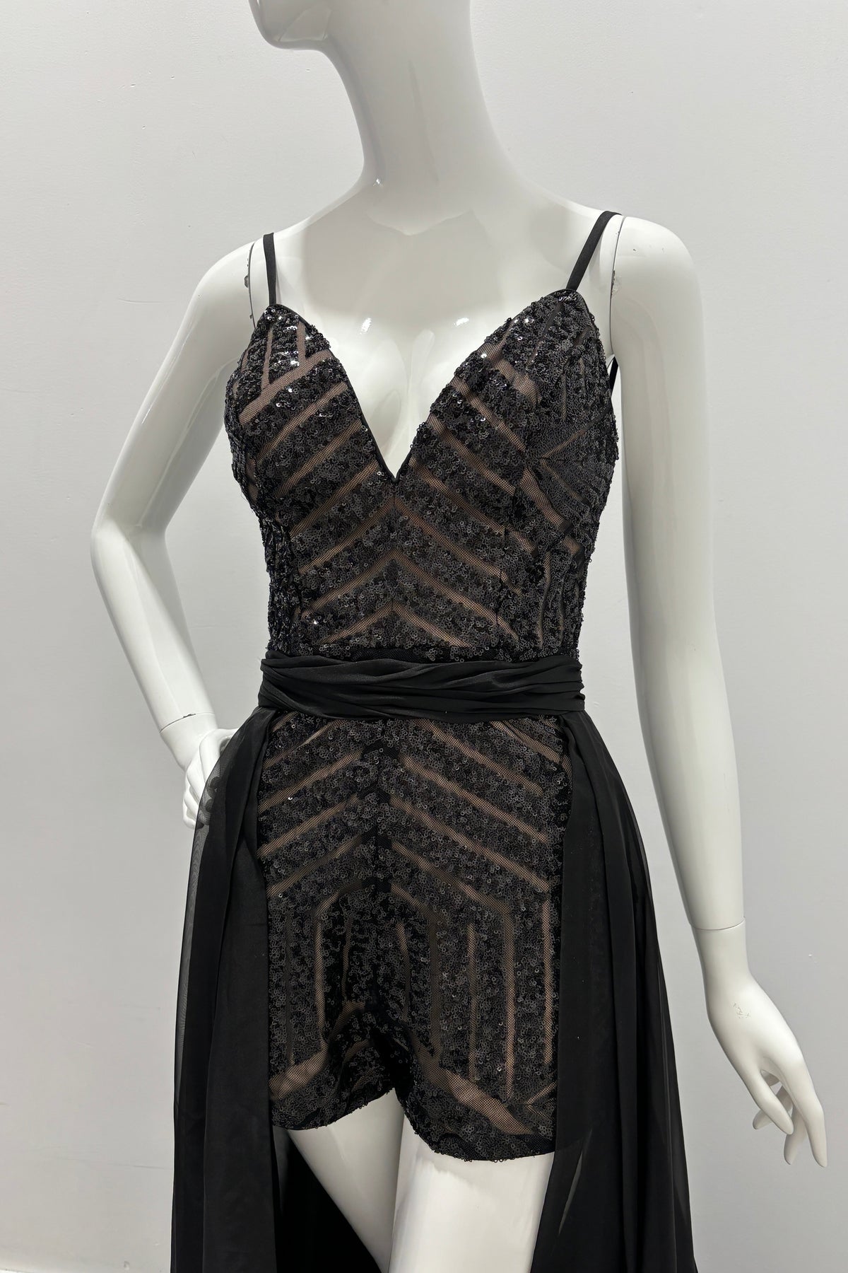Jovani Embellished Romper With Overskirt Black Gown