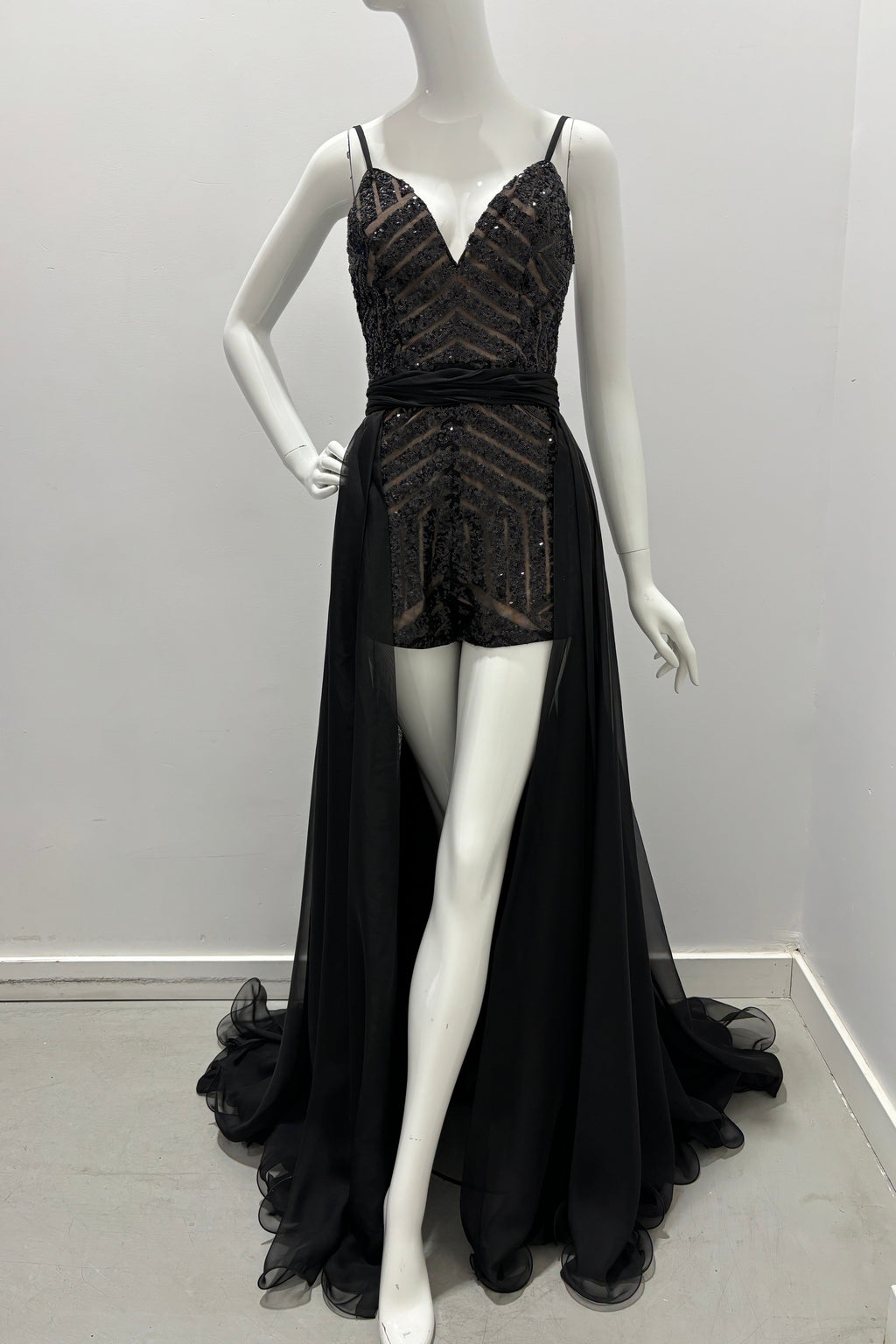 Jovani Embellished Romper With Overskirt Black Gown