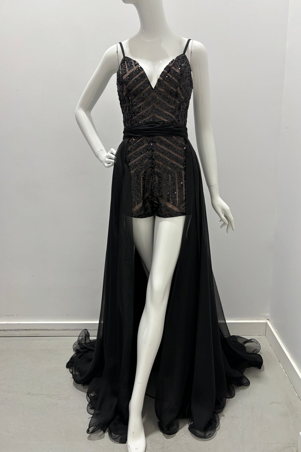 Jovani Embellished Romper With Overskirt Black Gown