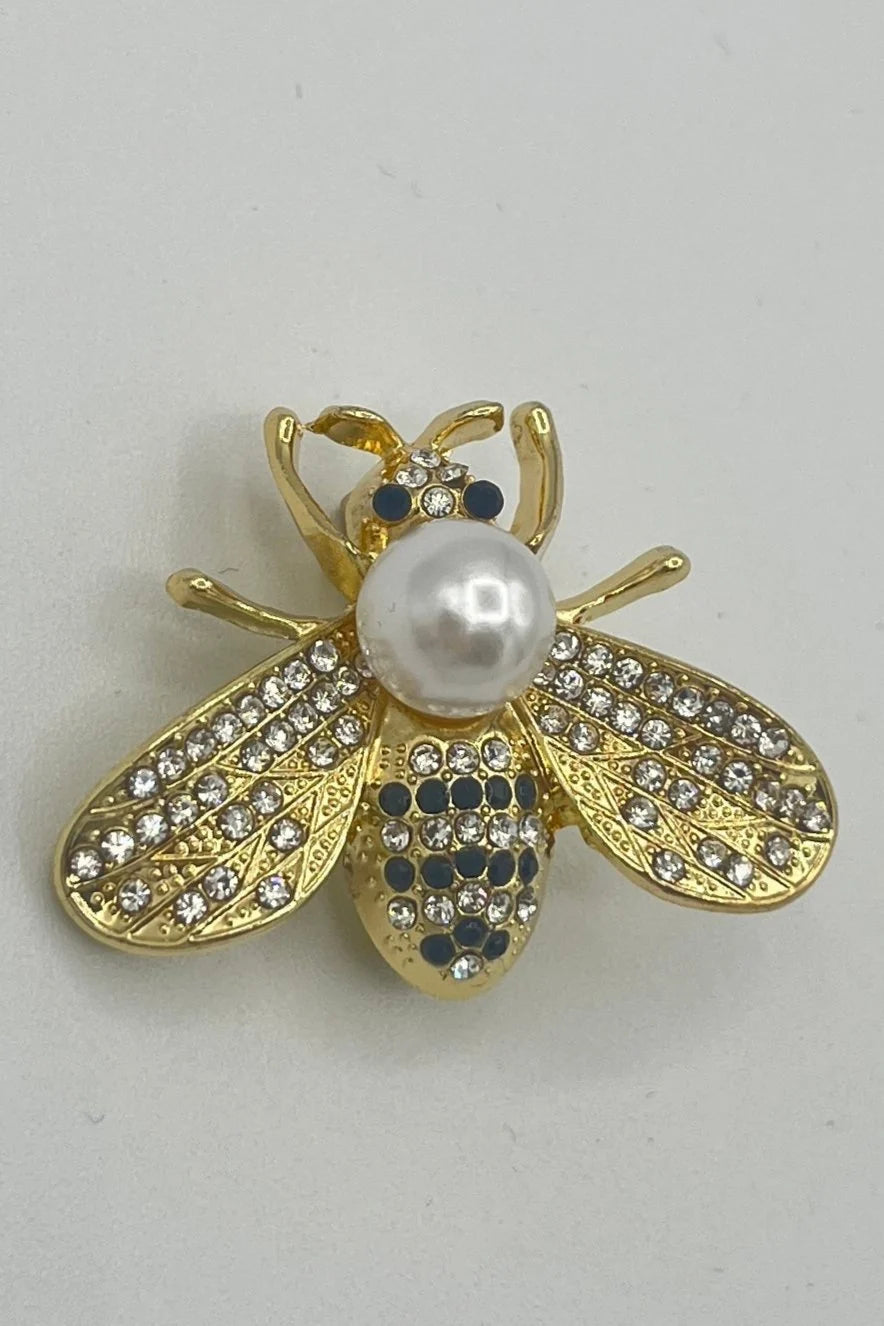 Tres Chic Bee Broach with White Rhinestones and Pearl - Silver