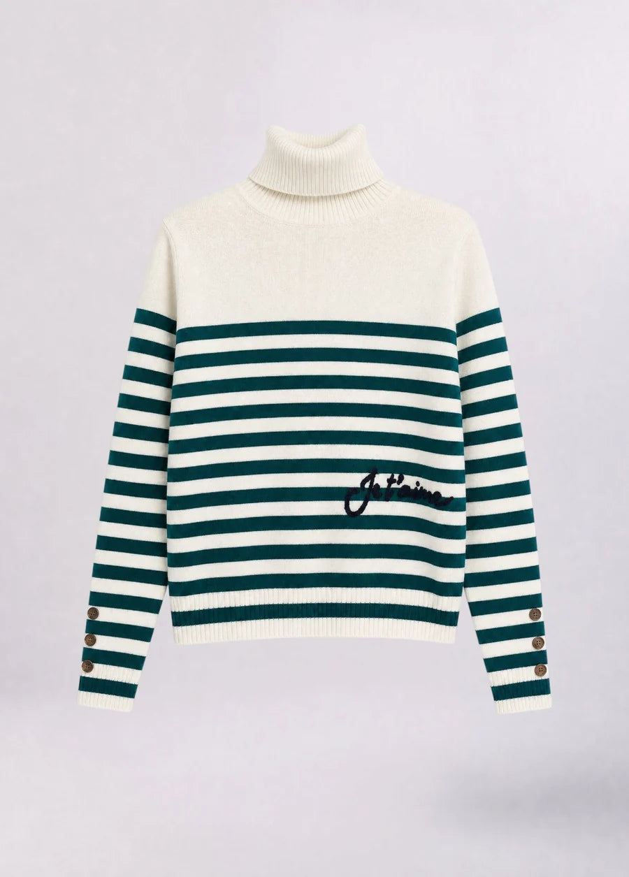 Liu Jo White Striped Turtleneck Sweater with Embroidery - Bco Lana Green