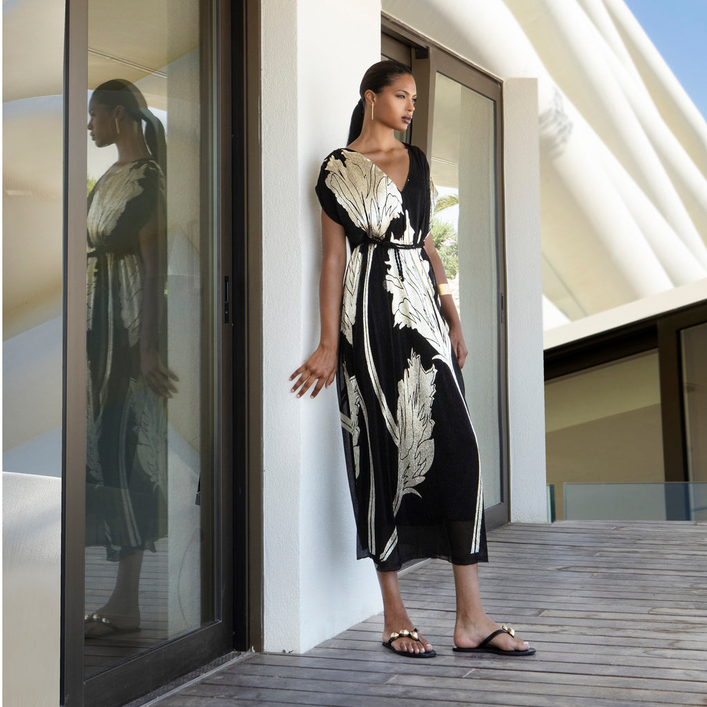 Aggél - Robe longue plissée métallisée avec détails en maille