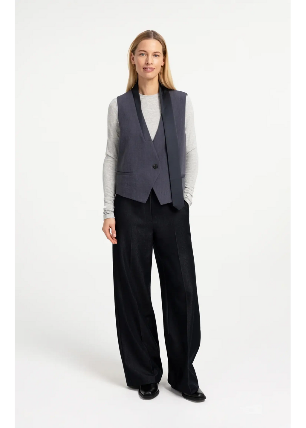 YAYA Pantalon tissé à jambes larges avec ceinture - CatBlack