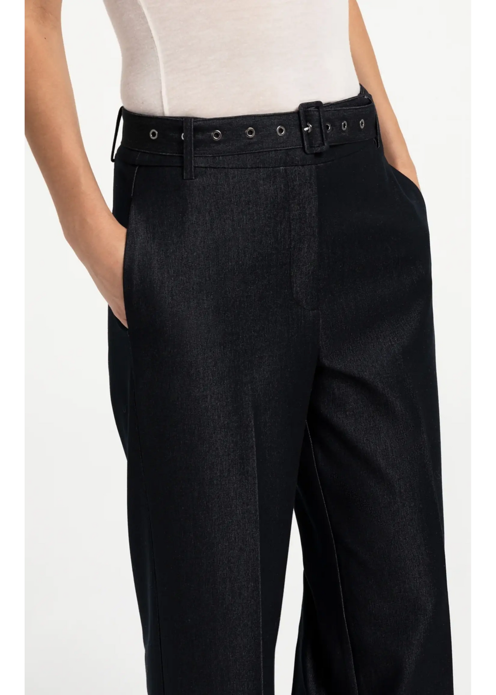 YAYA Pantalon tissé à jambes larges avec ceinture - CatBlack