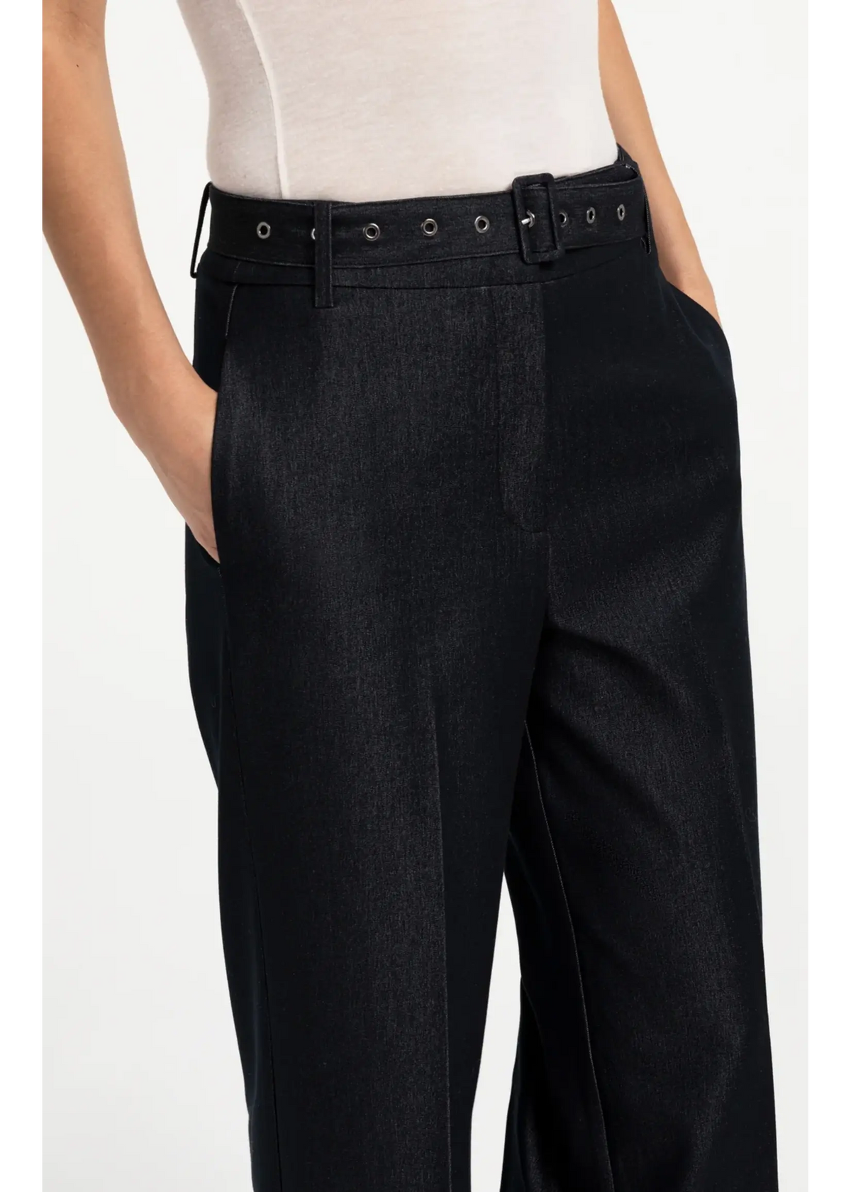 YAYA Woven Wide Leg Trousers with Belt - CatBlack